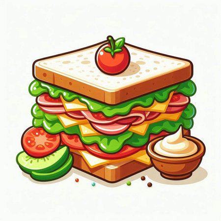 Sandwich with ham, cheese, tomato and lettuce. Vector illustration.のイラスト素材