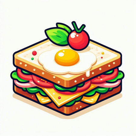 Sandwich with fried egg, tomato and lettuce. Vector illustration.のイラスト素材