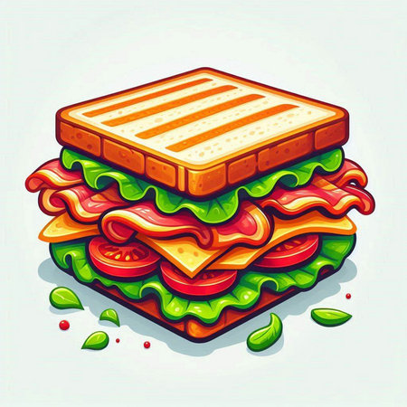 Sandwich with ham, cheese, tomato and lettuce. Vector illustration.のイラスト素材
