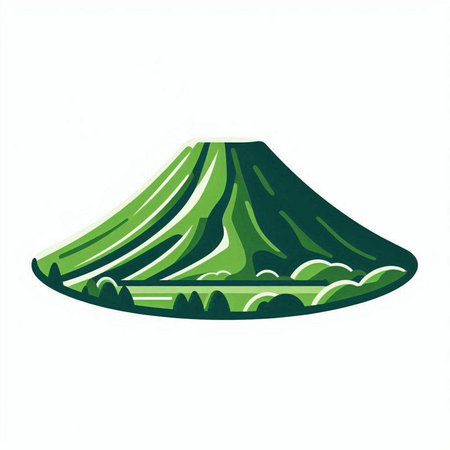 Illustration of a volcano with green grass isolated on a white backgroundのイラスト素材