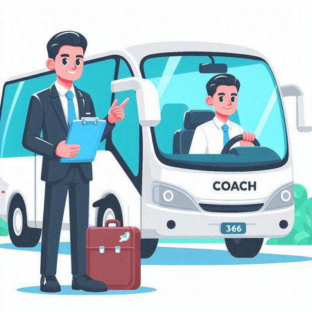 Businessman in the bus. Vector illustration in cartoon style on white background.のイラスト素材