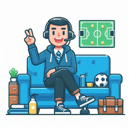 Cartoon man sitting on sofa and playing football. Vector illustration.のイラスト素材