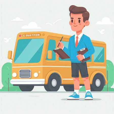 Schoolboy with notebook and school bus. Vector illustration in cartoon styleのイラスト素材