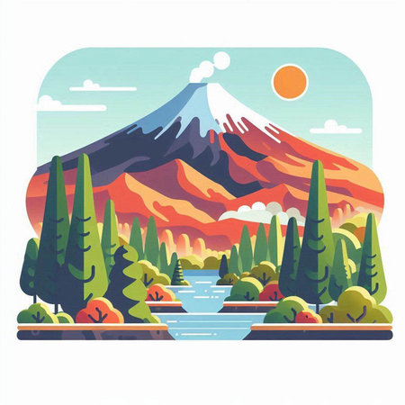Mt. Fuji, lake and pine trees. Vector illustration.のイラスト素材
