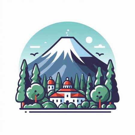 Mt Fuji, Japan. Landscape with mountains, trees and houses. Vector illustration.のイラスト素材