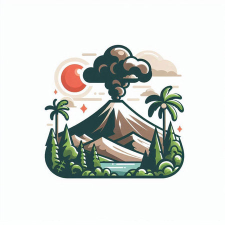 Volcano and palm trees. Vector illustration for your graphic design.のイラスト素材