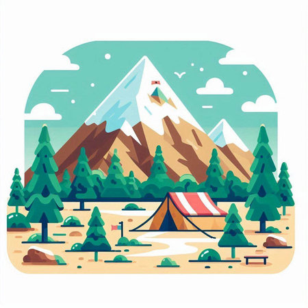 Camping in mountains. Vector illustration in flat design style. Mountain landscape.のイラスト素材