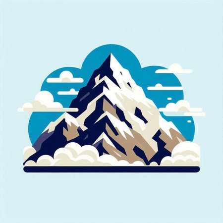 Mountain landscape with clouds and blue sky. Vector illustration in flat style.のイラスト素材