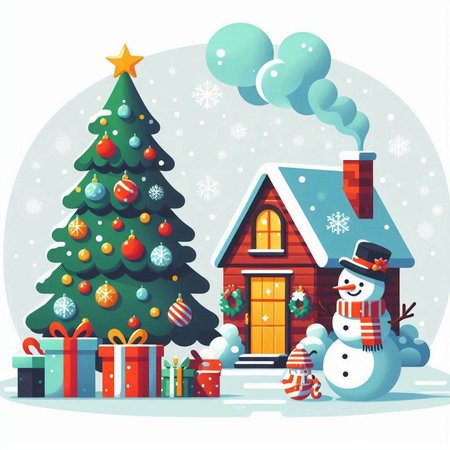 Snowman, house, Christmas tree and gifts. Vector illustration.のイラスト素材