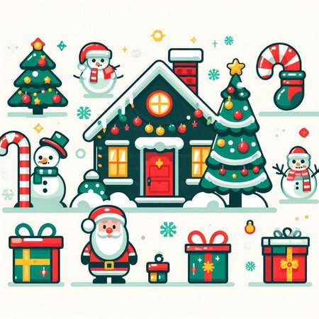 Christmas and New Year background with Santa Claus, snowman and house. Vector illustration.のイラスト素材