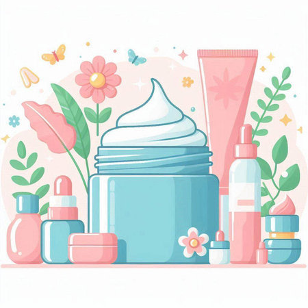 Cosmetic jar with cream, lotion, cream, lotion. Vector illustrationのイラスト素材