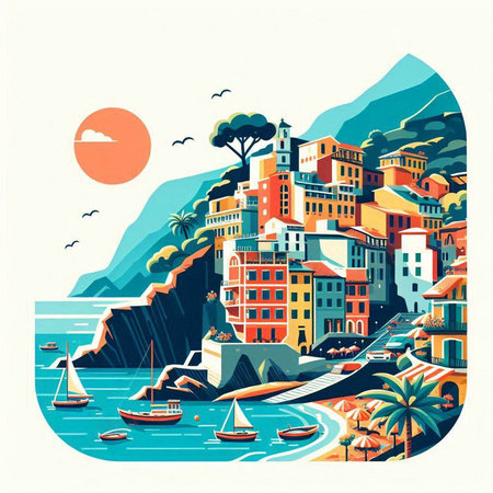 Cinque Terre, Liguria, Italy. Colorful vector illustration in retro styleのイラスト素材