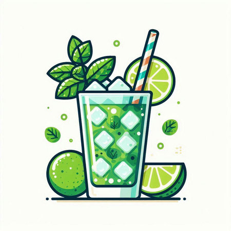 Cocktail with lime, mint and straws. Vector illustration.のイラスト素材