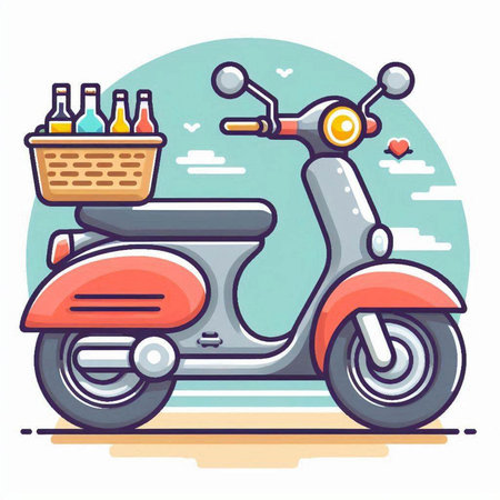 Retro scooter with basket of beer. Flat vector illustration.のイラスト素材