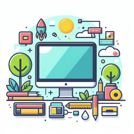 Flat design modern vector illustration concept of online education, e-learning, distance learning, webinar, video conference, webinar, training, presentation, webinar.のイラスト素材
