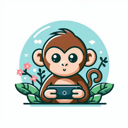 Cute monkey taking a selfie with a smartphone. Vector illustration.のイラスト素材