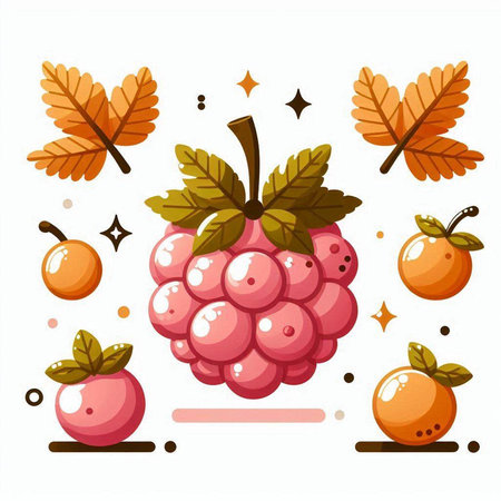 Set of raspberries with leaves and berries. Vector illustration.のイラスト素材