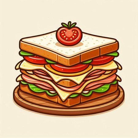 Sandwich with ham, cheese, tomato and lettuce. Vector illustration.のイラスト素材