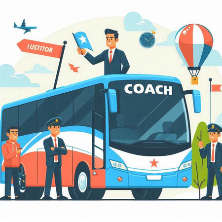 Bus tour concept. Bus tour. Vector illustration in flat cartoon styleのイラスト素材