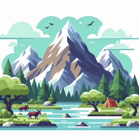 Landscape with mountains, lake, forest and horses. Vector illustrationのイラスト素材