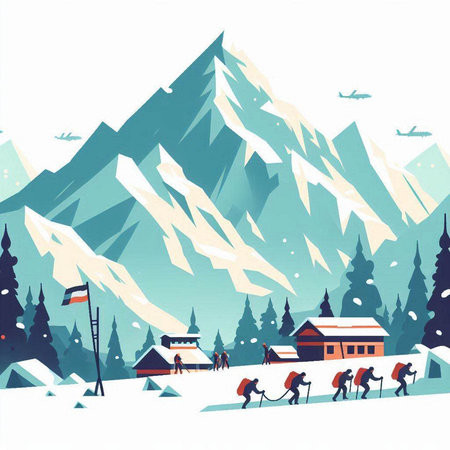 Winter landscape with snow covered mountains and wooden houses. Vector illustration.のイラスト素材