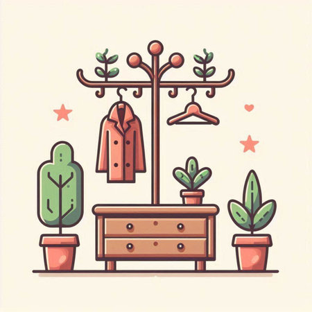 Vector illustration of wardrobe with clothes hanger and potted plants.のイラスト素材