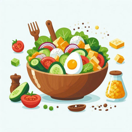 Vegetable salad in a bowl. Vegetarian food. Vector illustration.のイラスト素材