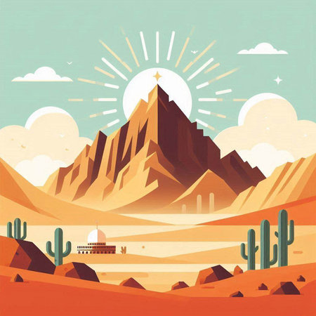 Desert landscape with mountains and cacti. Vector illustration.のイラスト素材