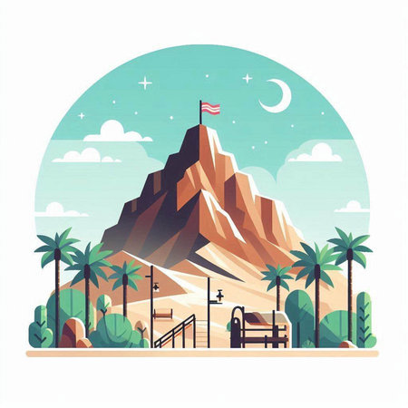Landscape with mountains and blue sky. Vector illustration in flat styleのイラスト素材