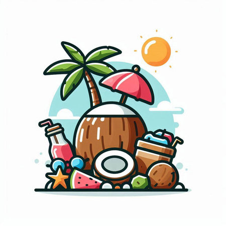 Coconut cocktail and beach accessories in cartoon style. Vector illustration.のイラスト素材