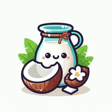 Cute coconut milk cartoon character. Vector flat illustration isolated on white background.のイラスト素材