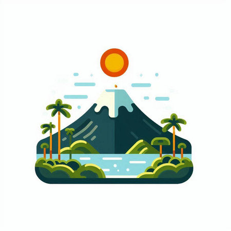 Tropical island with palm trees and mountain. Flat vector illustration.のイラスト素材