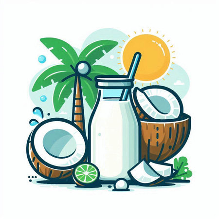Coconut milk in a glass jar with a straw. Vector illustration.のイラスト素材