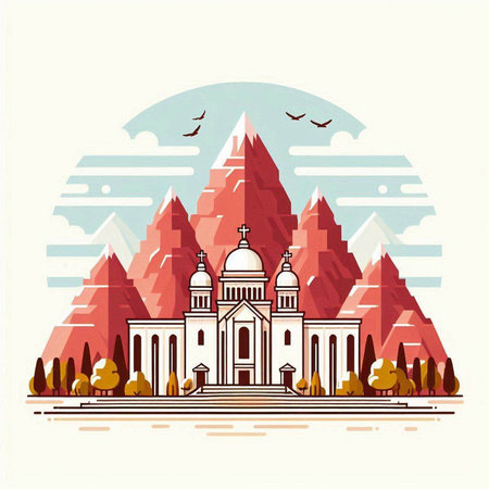 Church in the mountains. Landscape of the city. Vector illustrationのイラスト素材