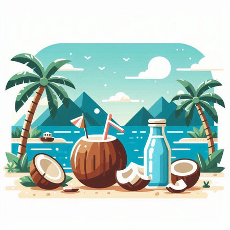 Coconut drink on the beach. Vector illustration in flat styleのイラスト素材
