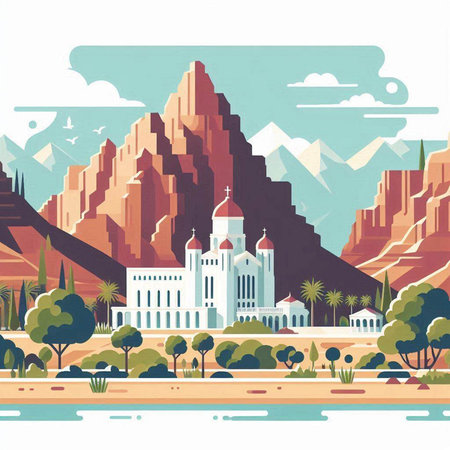 Landscape of the temple in the mountains. Flat style vector illustration.のイラスト素材
