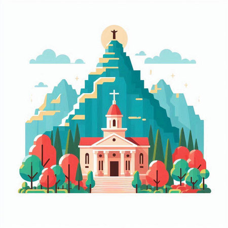 Church in the mountains. Vector illustration in flat style. Travel and tourism.のイラスト素材