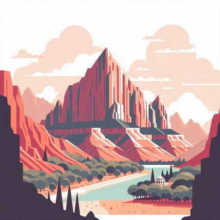 Landscape of mountains and river. Vector illustration in retro style.のイラスト素材