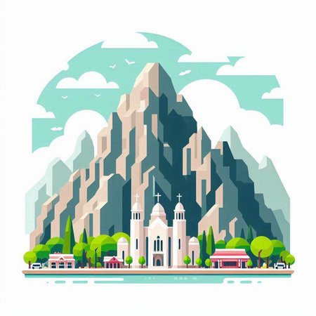 Mountain landscape with church and pagoda. Vector illustration in flat styleのイラスト素材