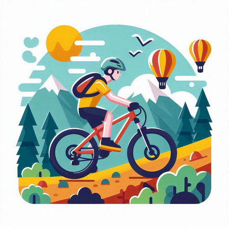Cyclist Riding Mountain Bike in Summer Forest Flat Vector Illustrationのイラスト素材