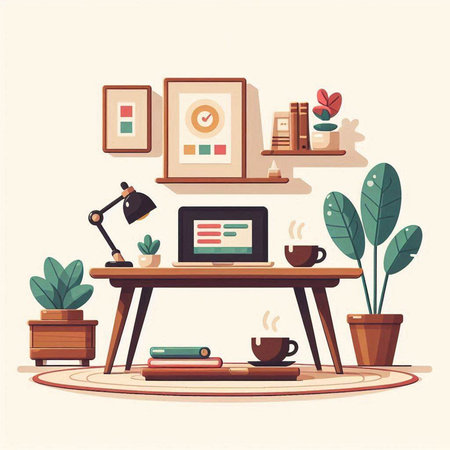 Interior of home office. Workplace with computer, coffee cup, books, plants and picture frames. Flat vector illustrationのイラスト素材