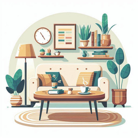 Living room interior with sofa, coffee table and plants. Flat vector illustration.のイラスト素材