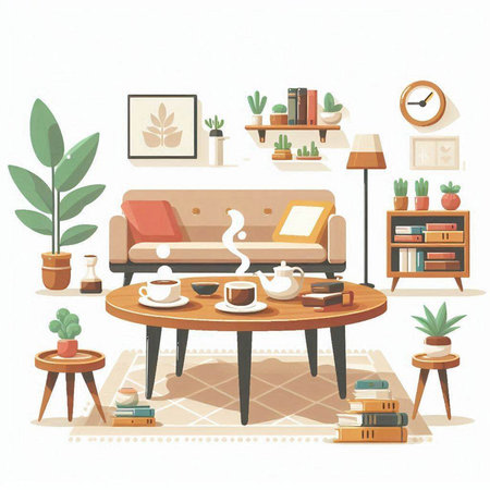 Living room interior with sofa, coffee table, coffee cup, bookshelf and plants. Vector illustration.のイラスト素材