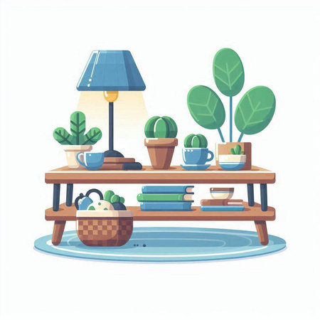 Vector illustration of a cozy living room with a bookshelf, potted plants and a lampのイラスト素材