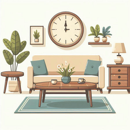 Living room interior with sofa, armchair, coffee table and clock. Vector illustration.のイラスト素材