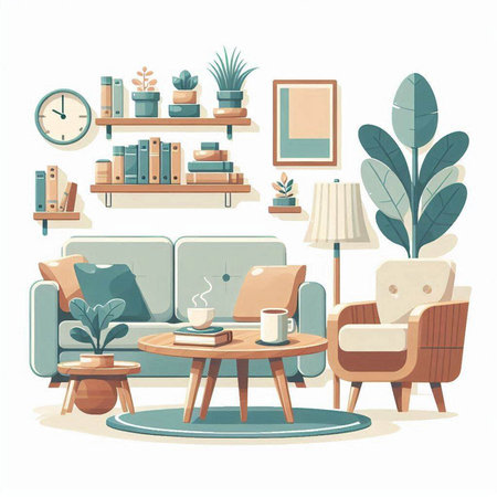 Living room interior with sofa, coffee table, bookshelf, armchair and plants. Vector illustration.のイラスト素材