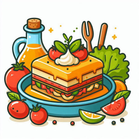 Illustration of a piece of cake on a plate with fruits and vegetablesのイラスト素材