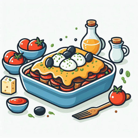 Illustration of lasagna with tomatoes, olives and mozzarellaのイラスト素材