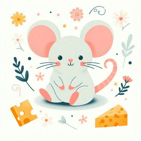 Cute cartoon mouse with cheese. Vector illustration of a mouse.のイラスト素材