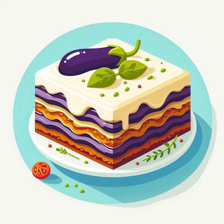 Illustration of a slice of eggplant cake on a plate.のイラスト素材